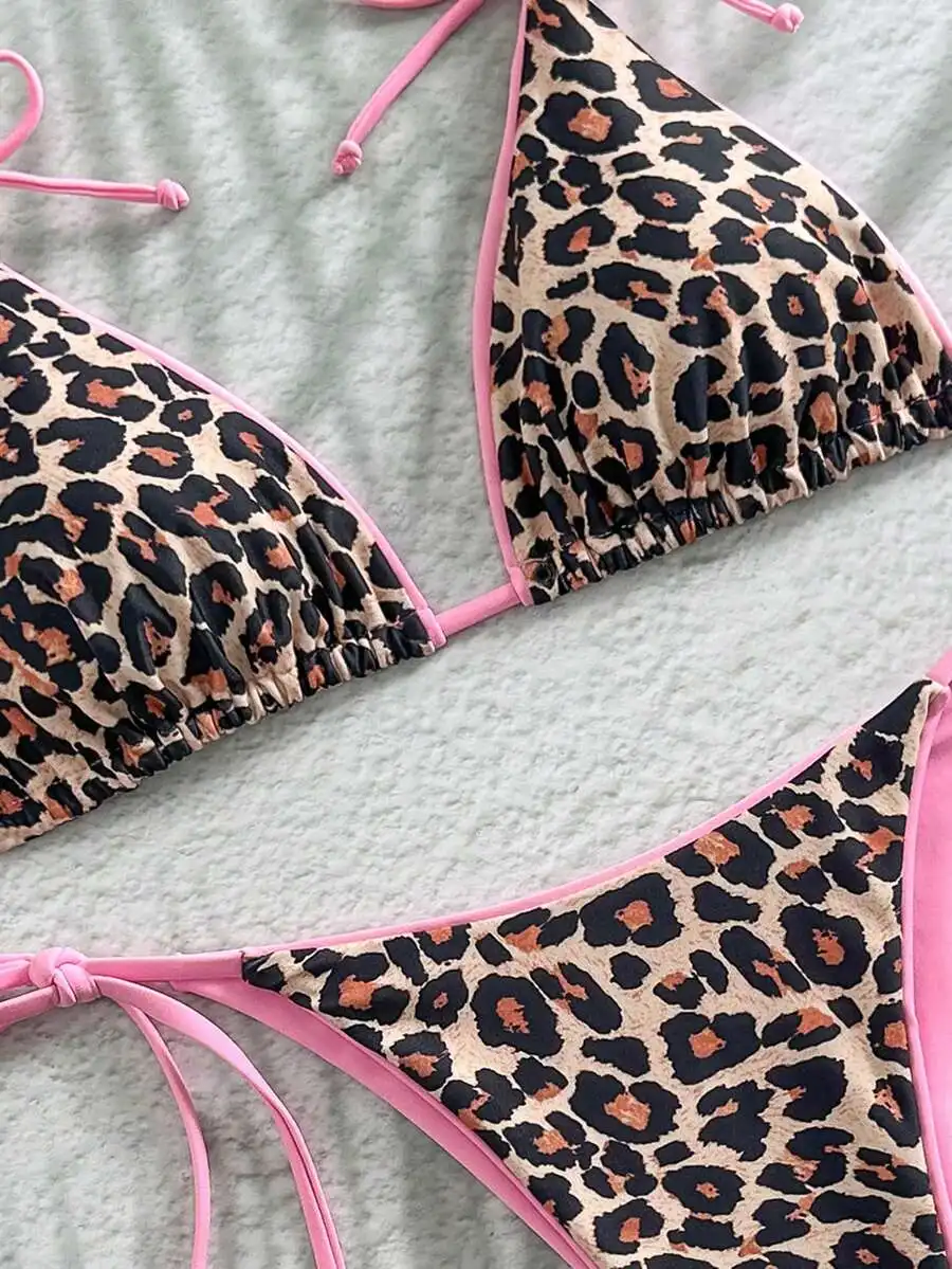 

Women Leopard Print Pink Trim Triangle Bikini Set Two Piece Beach Swimwear