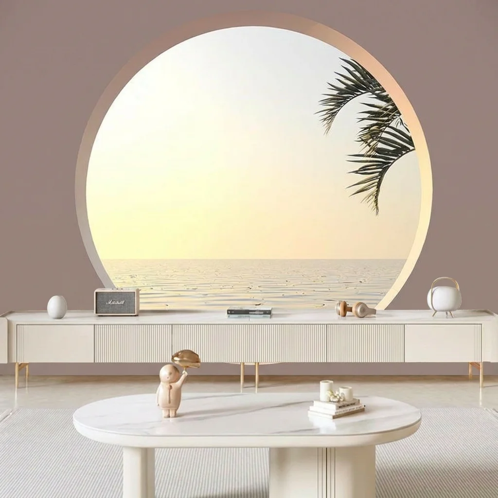 Self-adhesive material featuring a background image of tropical beach scenery combined with a modern minimalist interior space.