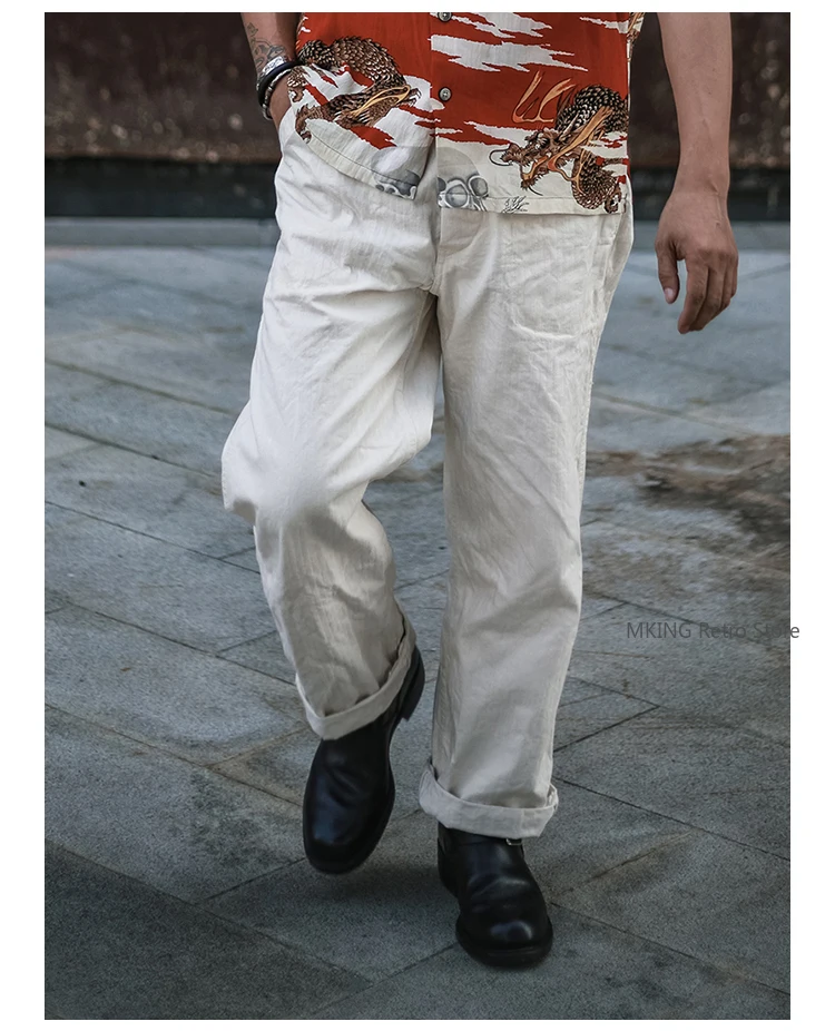

Rugged Bronson Original Fabric USN White Herringbone Deck Pants Men's Beige HBT Tooling Straight Pants