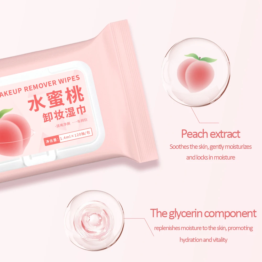 피치 메이크업 리무버 물티슈는 얼굴 메이크업을 제거하고 피부를 깨끗하게 하고 메이크업을 상쾌하게 제거합니다.