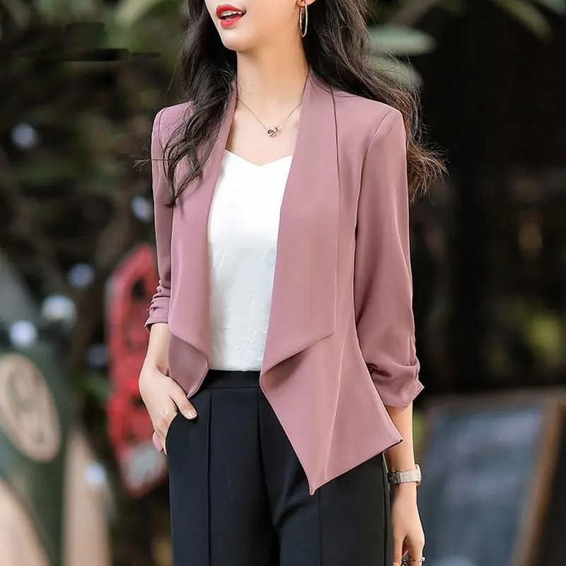 Intellectual Notched Loose Blazers Solid Color Cardigan Creative Temperament Office Lady Elegant Casual Women\'s Clothing Thin