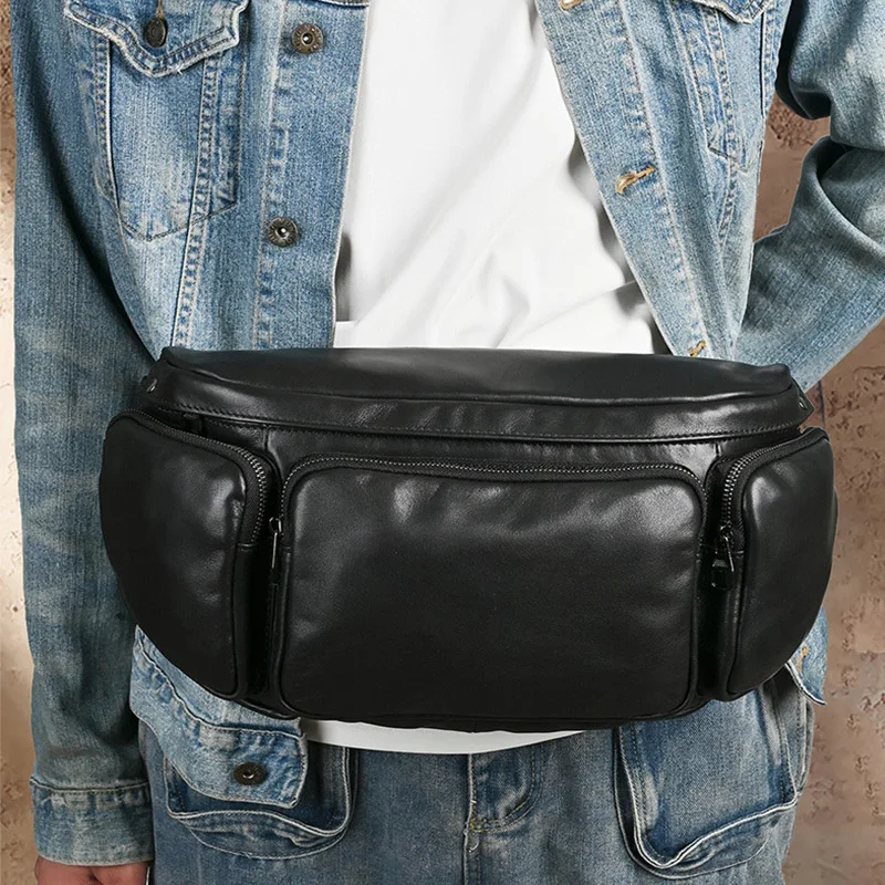 Top Grain Genuine Cowhide Leather Men's Waist Bag Multi Functional Crossbody Chest Packs Casual Retro Rider Travel Storage Bags