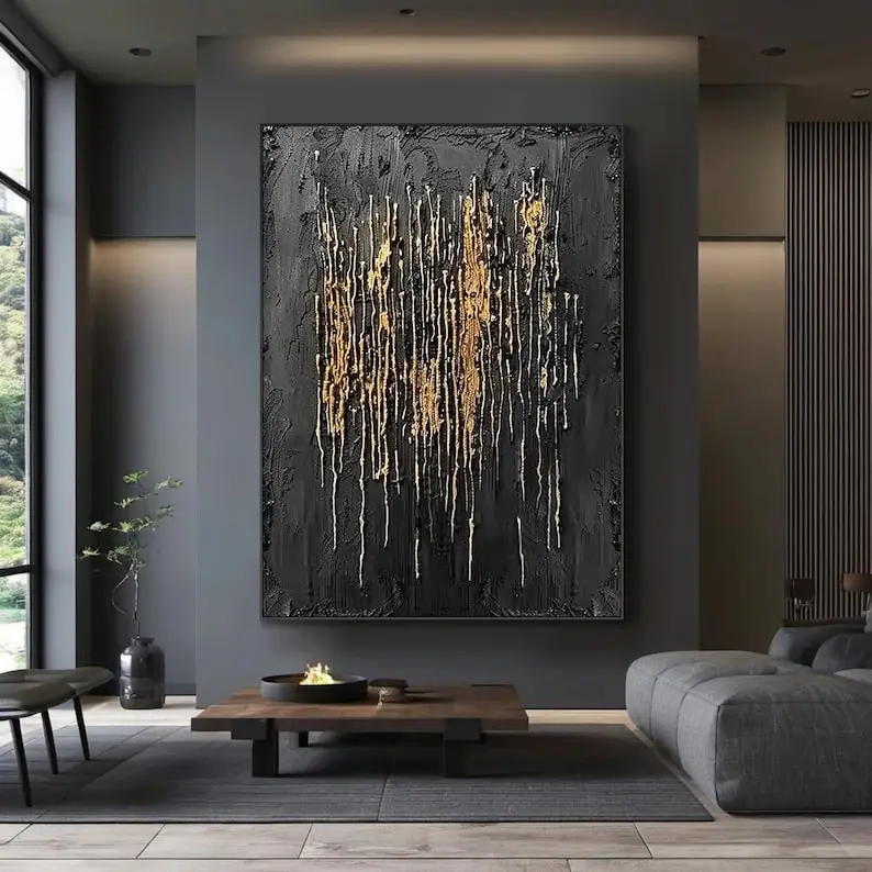

Large Black Abstract Painting, Gold Textured Wall Art, Black Minimalist Wabi-sabi Wall Art, Modern Living Room Decor