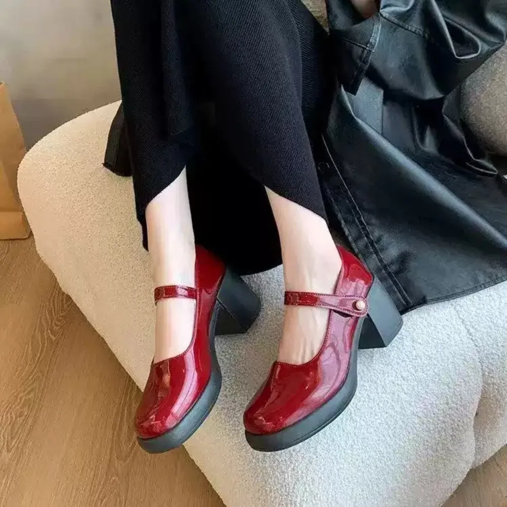 

Sweet Square Toe High Heels Shoes Ankle Buckle Solid Leather Heeled Lolita Shoes Platform Pumps JK Mary Jane Shoes Woman