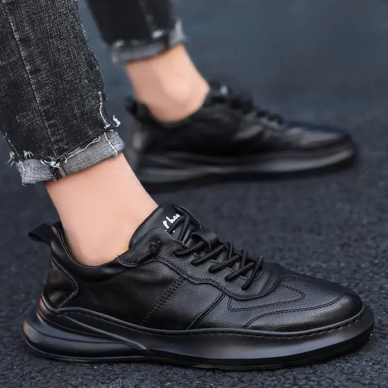 Baskets noires à enfiler en cuir PU pour hommes, chaussures décontractées pour hommes, extérieur, degré d'usure, zones bre, baskets de conduite pour hommes