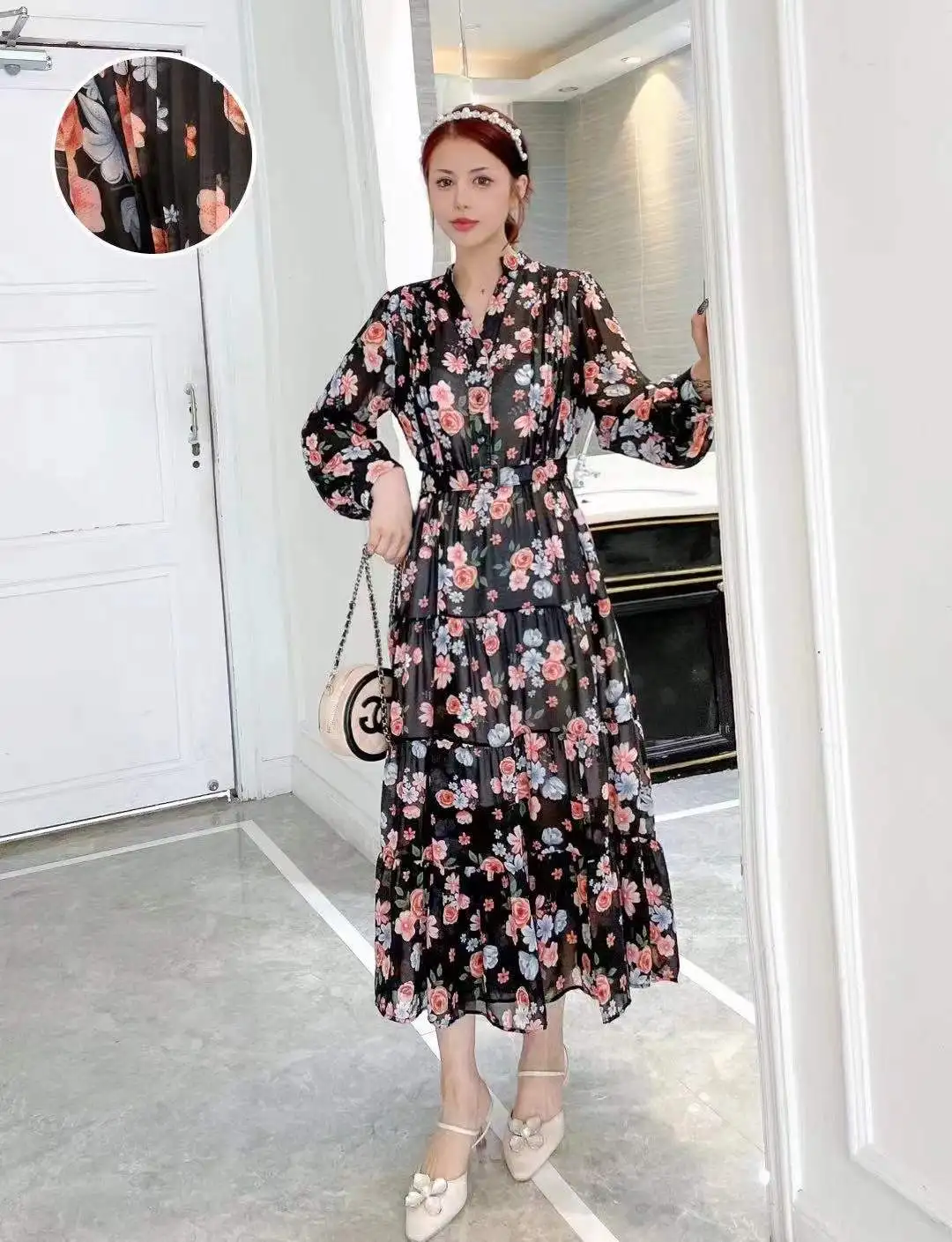 New Spring Autumn Women V-Neck Long Sleeve Belt Slim Long Dress Fashion Big Hem Sweet Floral Chiffon Dress