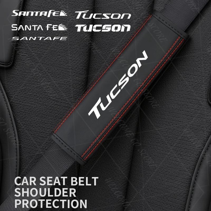

2Pcs For Tucson Santa Fe Emblem Logo SANTAFE N Line Ix35 NX4 GLS Leather Car Safety Belt Shoulder Cover Pads Interior Decoration