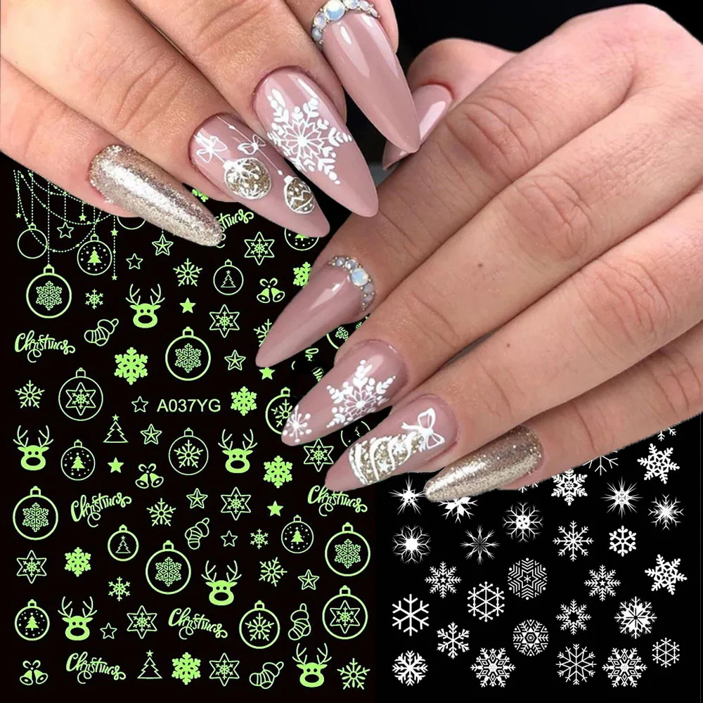 16PCS Merry Christmas Luminous Nail Stickers 9.5X7.5cm Fluorescent White Snowflakes Glowing in Dark Nail Art Slider Decals KDL*8