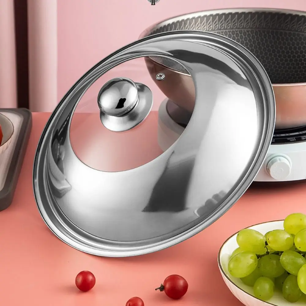 

28/30/32/34/36/38CM Stainless Steel Visible Pot Lid Universal Anti-scalding Wok Cover Black Plastic Knob Heat Resistant