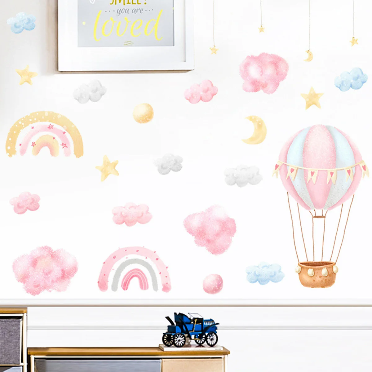Cartoon Rainbow Cloud Hot Air Balloon Wall Sticker Bedroom Classroom Wall Beautification Decoration Waterproof Sticker