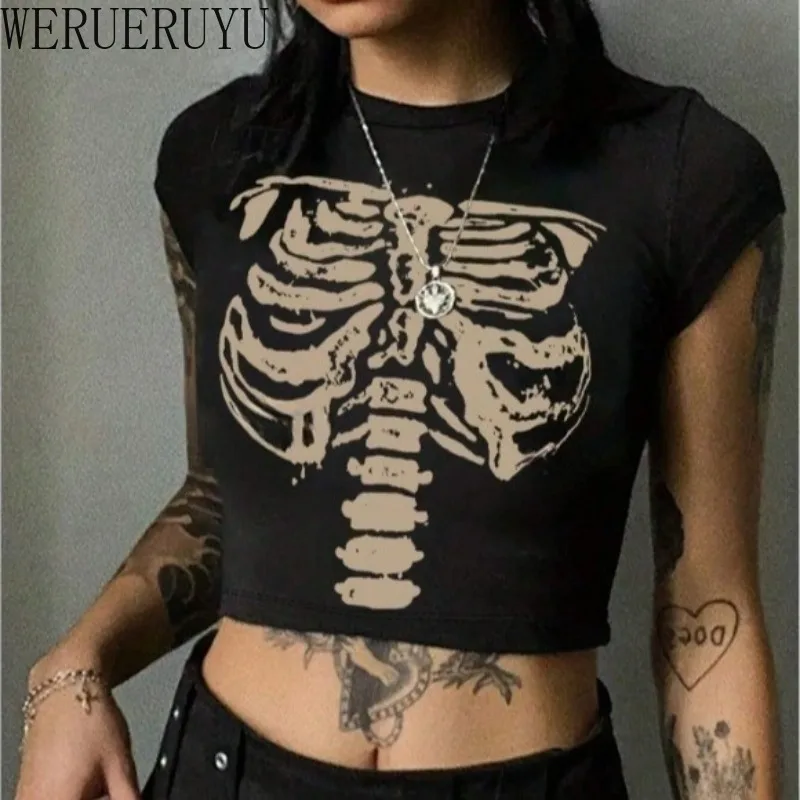 Punk Dark Style T Shirt Summer Crop Top Women Y2k Clothes Short Sleeve Tee Black Retro Print Graphic T Shirts for Women 2025 New