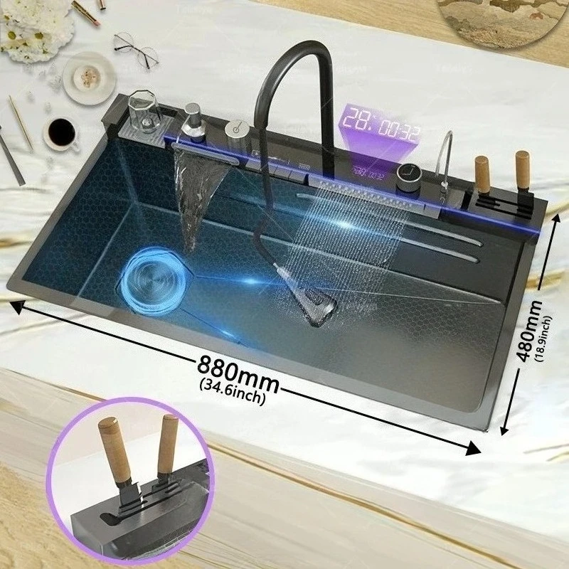 

304 Stainless Steel Large Single Slot Kitchen Sink Digital Waterfall Faucet with Dish Basin Rack for Knife