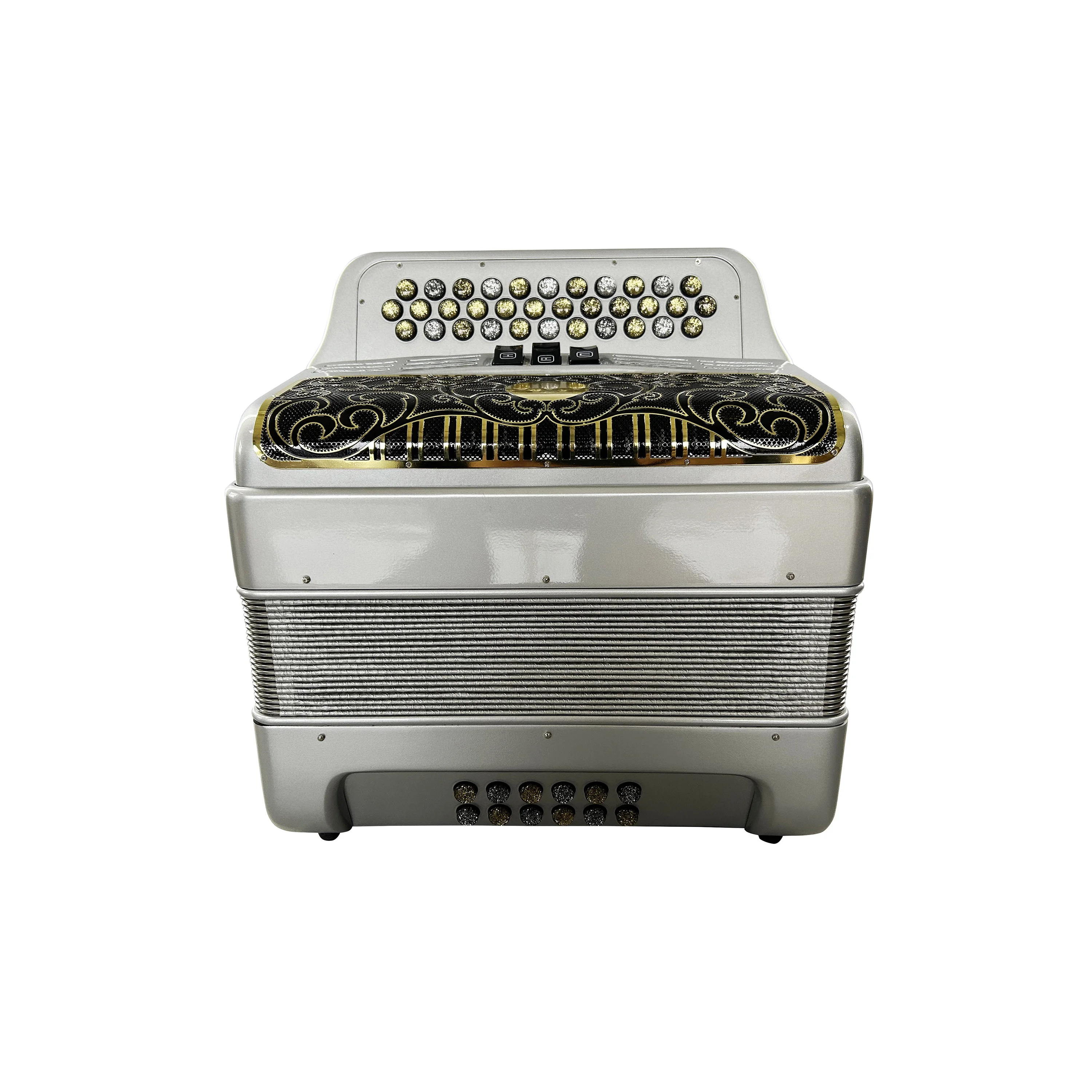 

Diatonic Accordion 34 Buttons 12 Bass 3 Registers Silver Gold Grill Buttons JB3412C Model Black Silver Acordeon