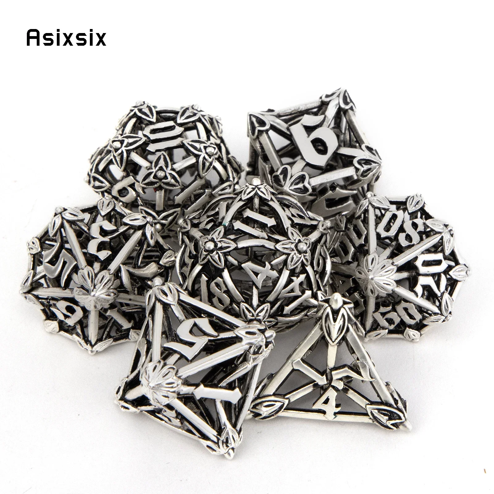

7 Pcs White Leaf Flower Metal Dice Hollow Metal Polyhedral Dice Set Suitable for Role-Playing RPG Board Game Gift