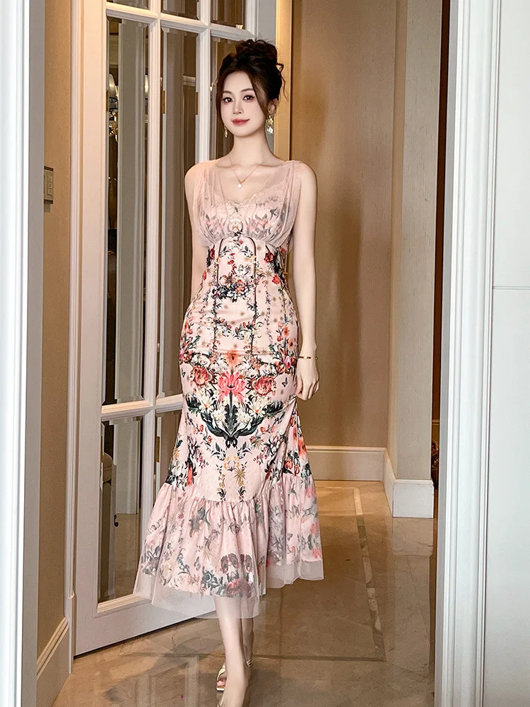 

Coigarsam Dress Women Summer New French Style Sexy Sleeveless Print Spaghetti Strap Zipper High Waist V-Neck Pink Dresses