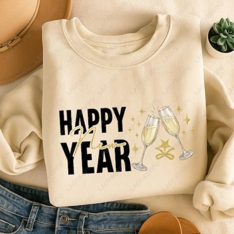 سنة جديدة سعيدة الشمبانيا نخب الجرافيك بسيط عطلة البلوز احتفالي حفلة NYE 2026 عادية الكبار الشتاء Crewneck البلوز