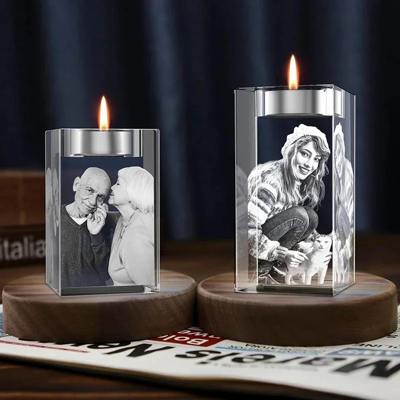 Custom Memorial Gifts 3d Crystal Photo Personalized Candleholder Memorial Gifts For Mother, Mom, Dad, Beloved Ones, Pets, Dogs