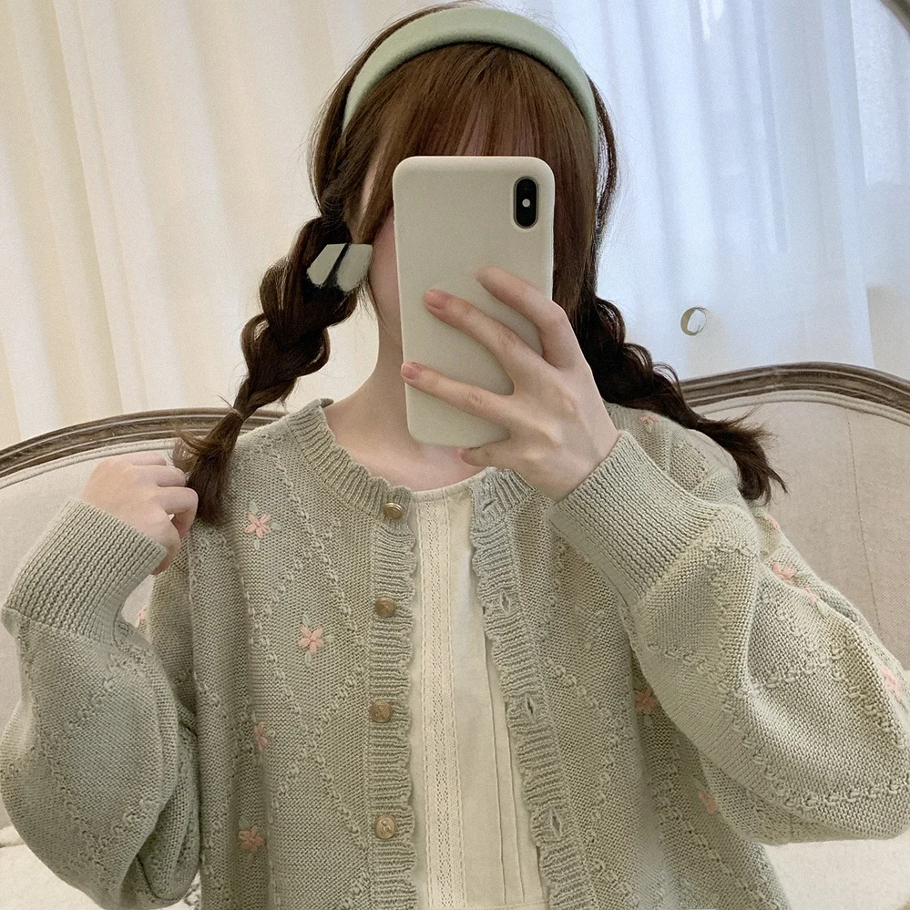 Vintage Handmade Knitted Sweater Cardigan Floral Embroidery Green Cute Floral Retro Girl Commute Style Long Sleeve round Neck