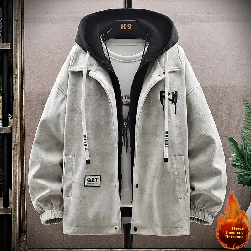 

Men's Corduroy Jacket Hooded Parka Thickened Fleece Youth Casual Long Sleeve Coat Regular Fit Chinese Brand Komeiwei