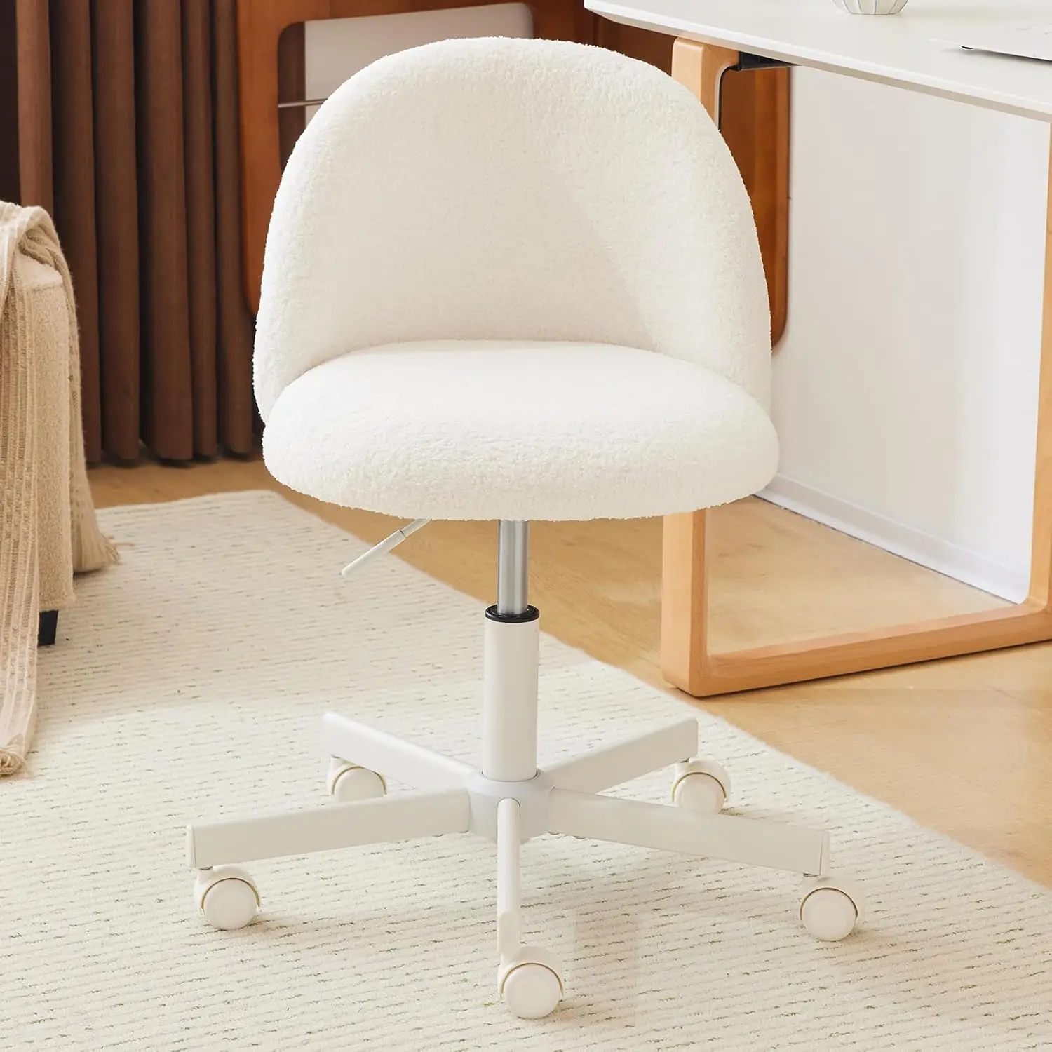 White Modern Velvet Vanity Chair with Backrest, Silent-Wheel Small Desk Chair, Stylish Comfortable Seating for Girls, Bedrooms & Study