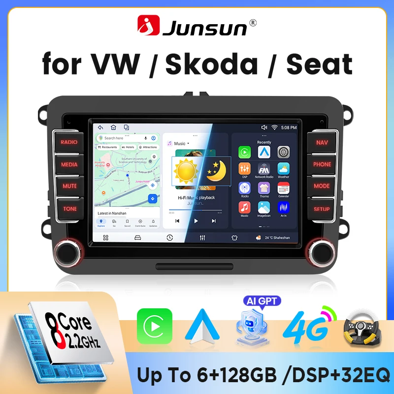 Junsun, autoradio Android universale da 7 pollici per VW Passat B6 B7, T5, Tiguan, Touran, Golf, Polo, con CarPlay e Android Auto wireless, navigazione GPS, DSP, radio FM, RDS, WiFi, Bluetooth,