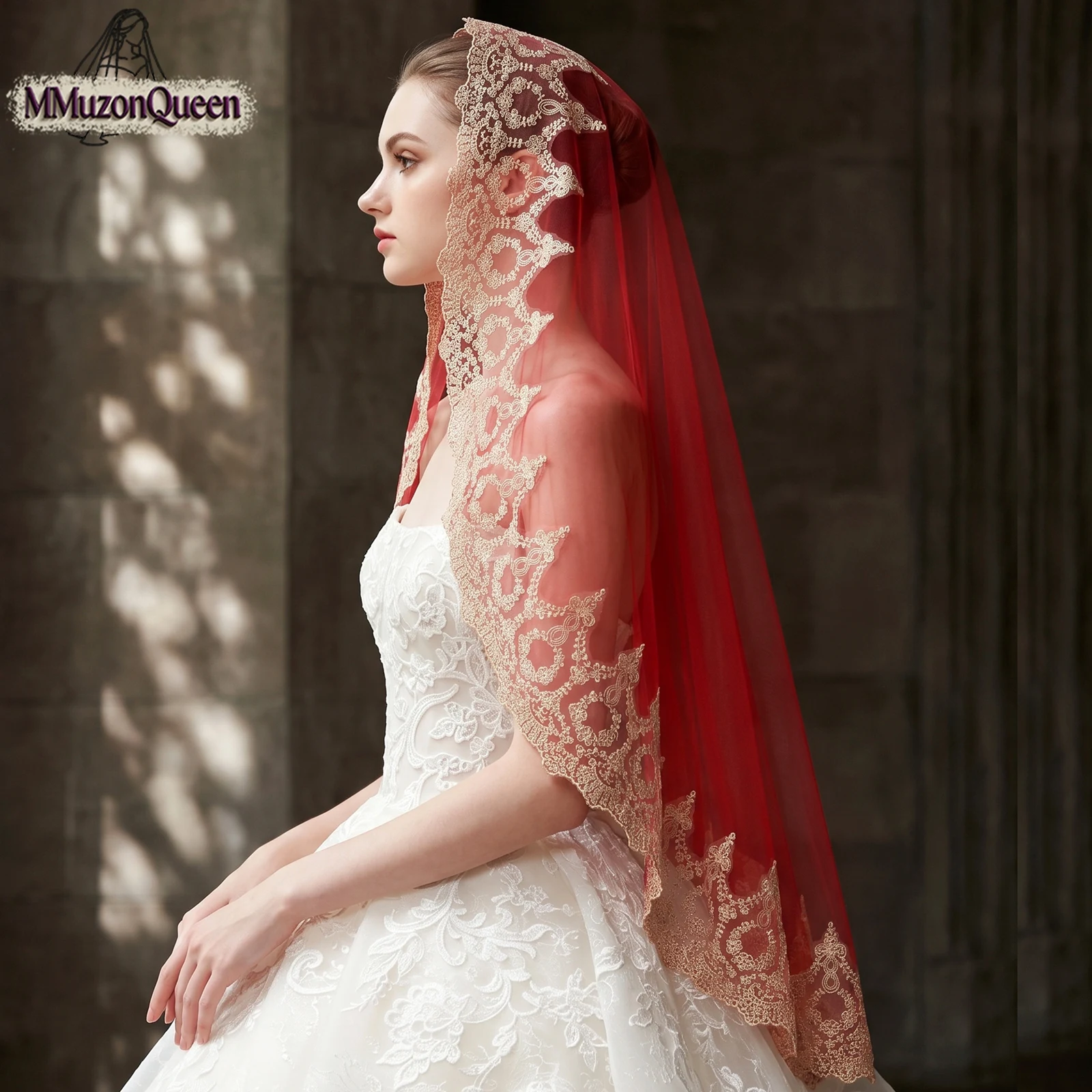 TOPQUEEN Mantilla de Encaje Rojo, Velo de Novia, Mantilla Española, Accesorios de Boda Personalizables V397