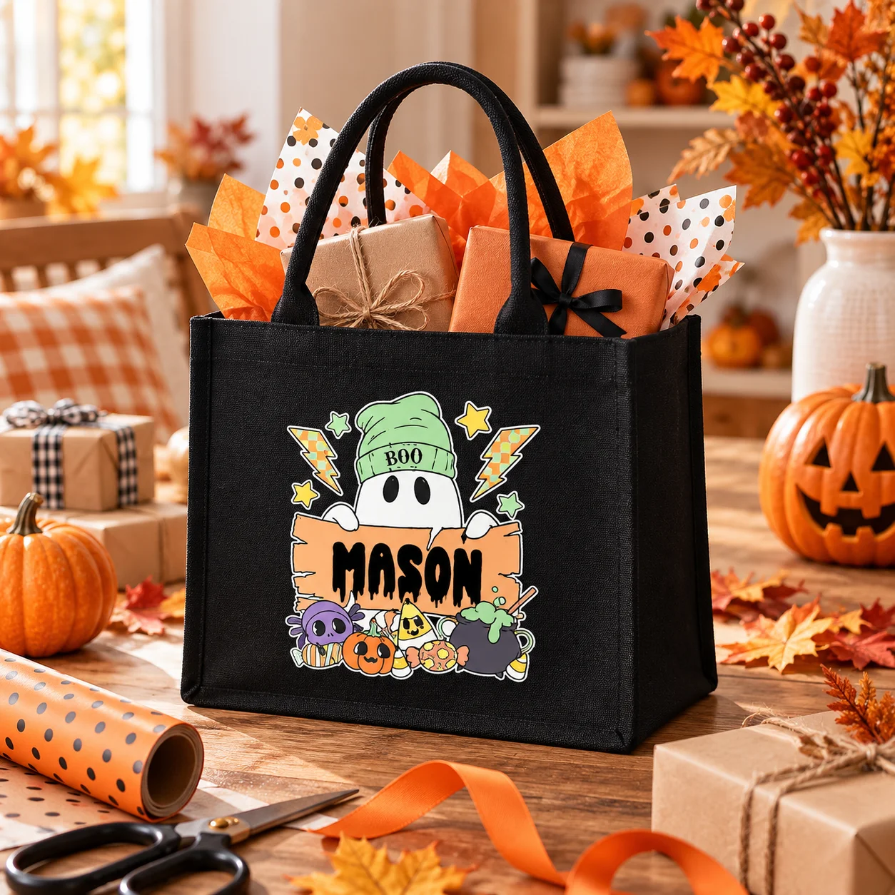 Personalized 10pcs Halloween Canvas Tote Bag Custom Name Black Trick Or Treat Candy Carrier For Kids Party Favor Halloween Gift