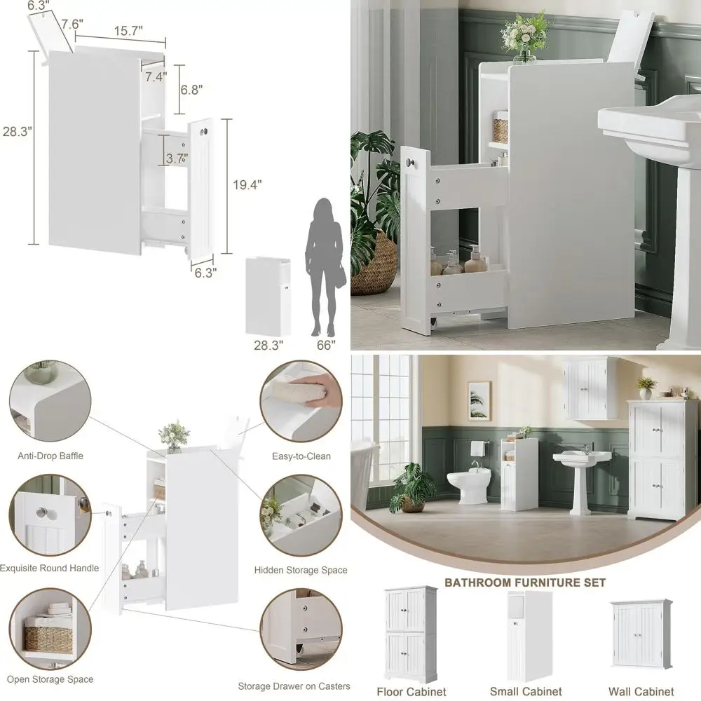 

White Slimline Bathroom Storage Cabinet with Pull-Out Drawers for Compact Spaces