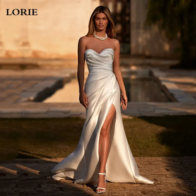 LORIE Sweetheart Neck Soft Satin Mermaid Wedding Dresses Sleeveless Bride Dress Sexy Side Split Pleats Wedding Gowns