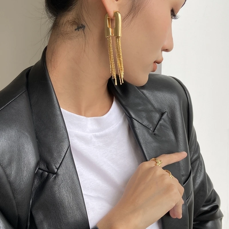 Brass With 18K Gold Long Tassel  Statement Drop Earrings Women Jewelry Party T Show Gown Punk Gothic Top Runway Korean Japan