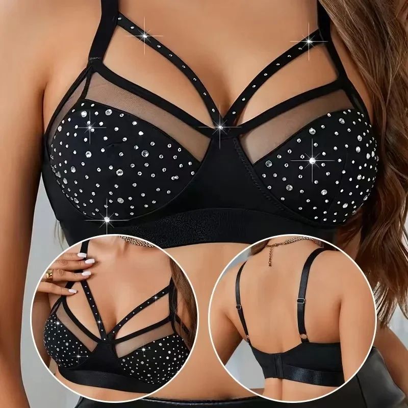 Women's Rhinestone Mesh Bra V-Neck Strappy Cross Sexy Lingerie Trendy No Padding Underwear Female Trendy Bra