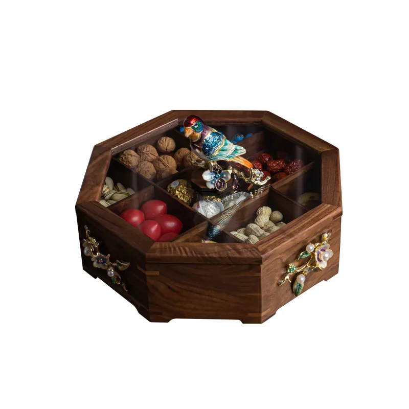 

Chinese living room solid wood nut plate with lid household candy fruit coffee table grid melon seeds dried fruit
