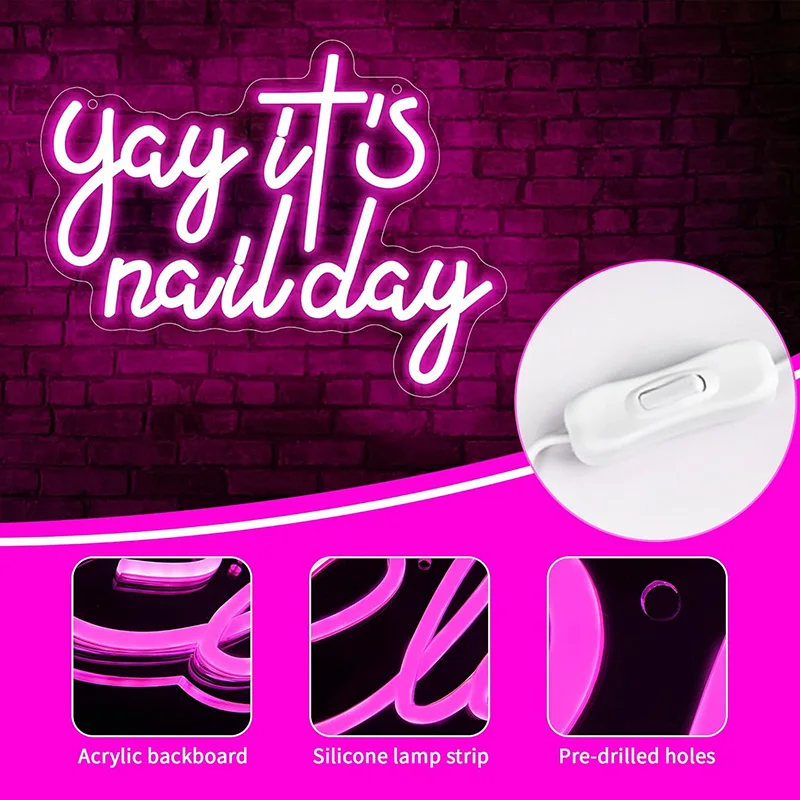 Yay It's Nail Day Neon Signs for Wall Decor Text Led Lights for Girls Lady Pink Led Sign for Beauty Salon Aesthetic Neon Sign
