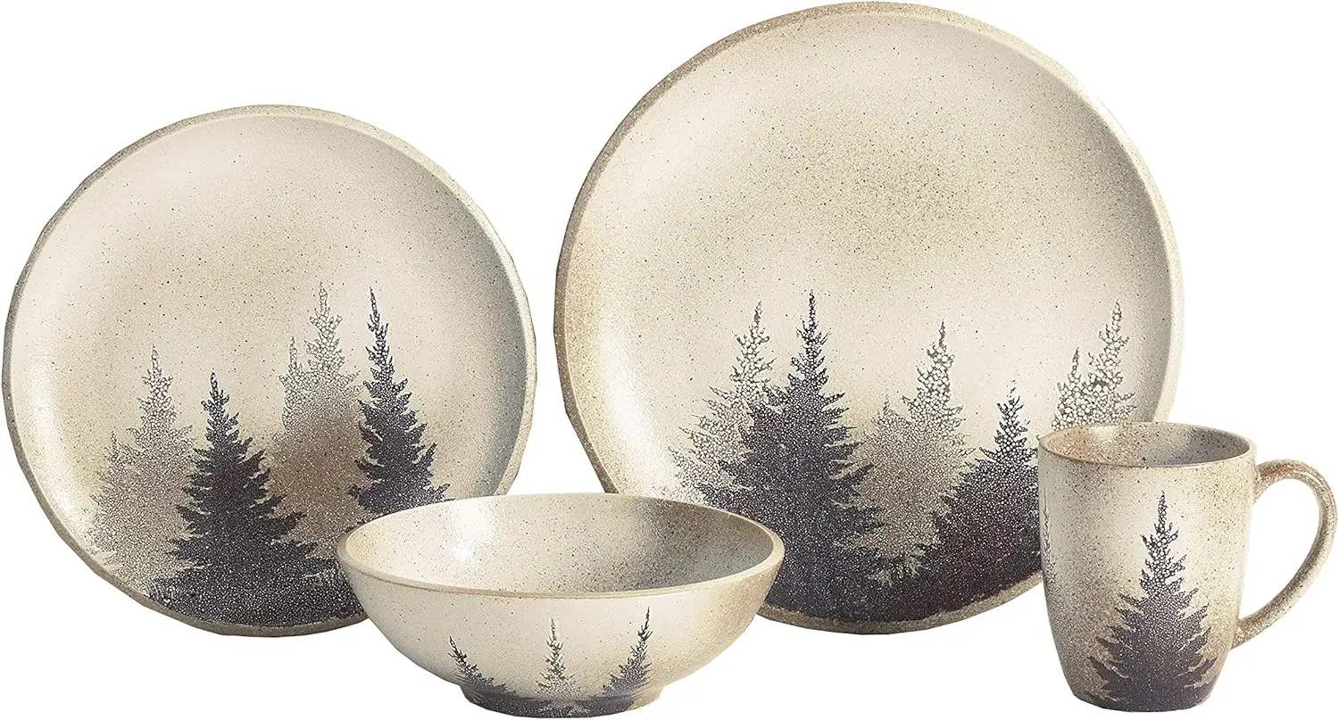 Paseo Road By HiEnd Accents Rustic Dinnerware Set Clearwater Pines Ceramic 16 Piece Forest Pine Tree Theme Dishware Set