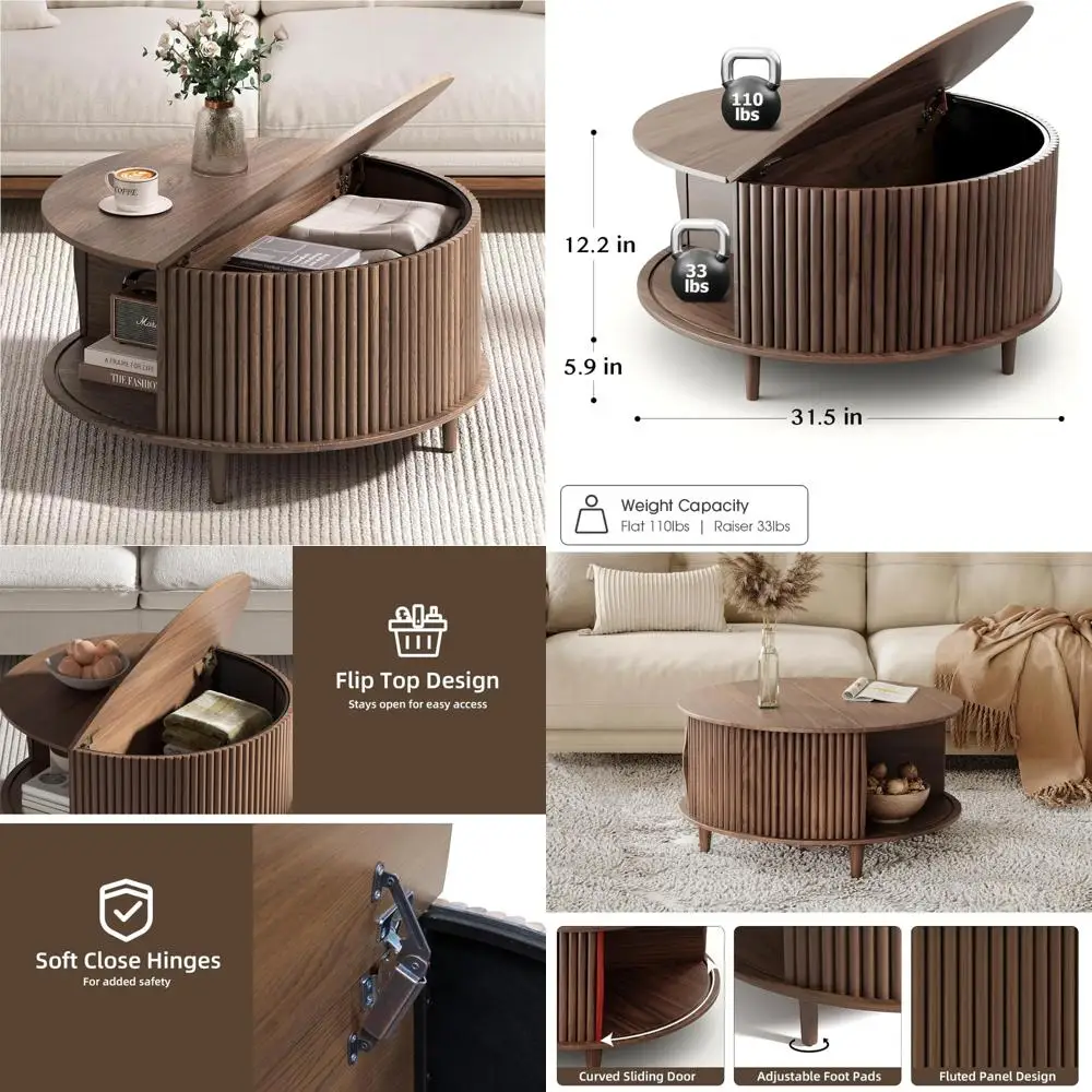 

Storage-Friendly Mid Century Modern Coffee Table with Hidden Compartment for Living Room Fluted Design