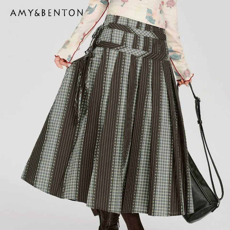 Vintage Design Plaid Splicing Pleated Women's Long Skirt 2025 Autumn Winter New Sweet Cool Loose Versatile Lace-up Skirts Ladies