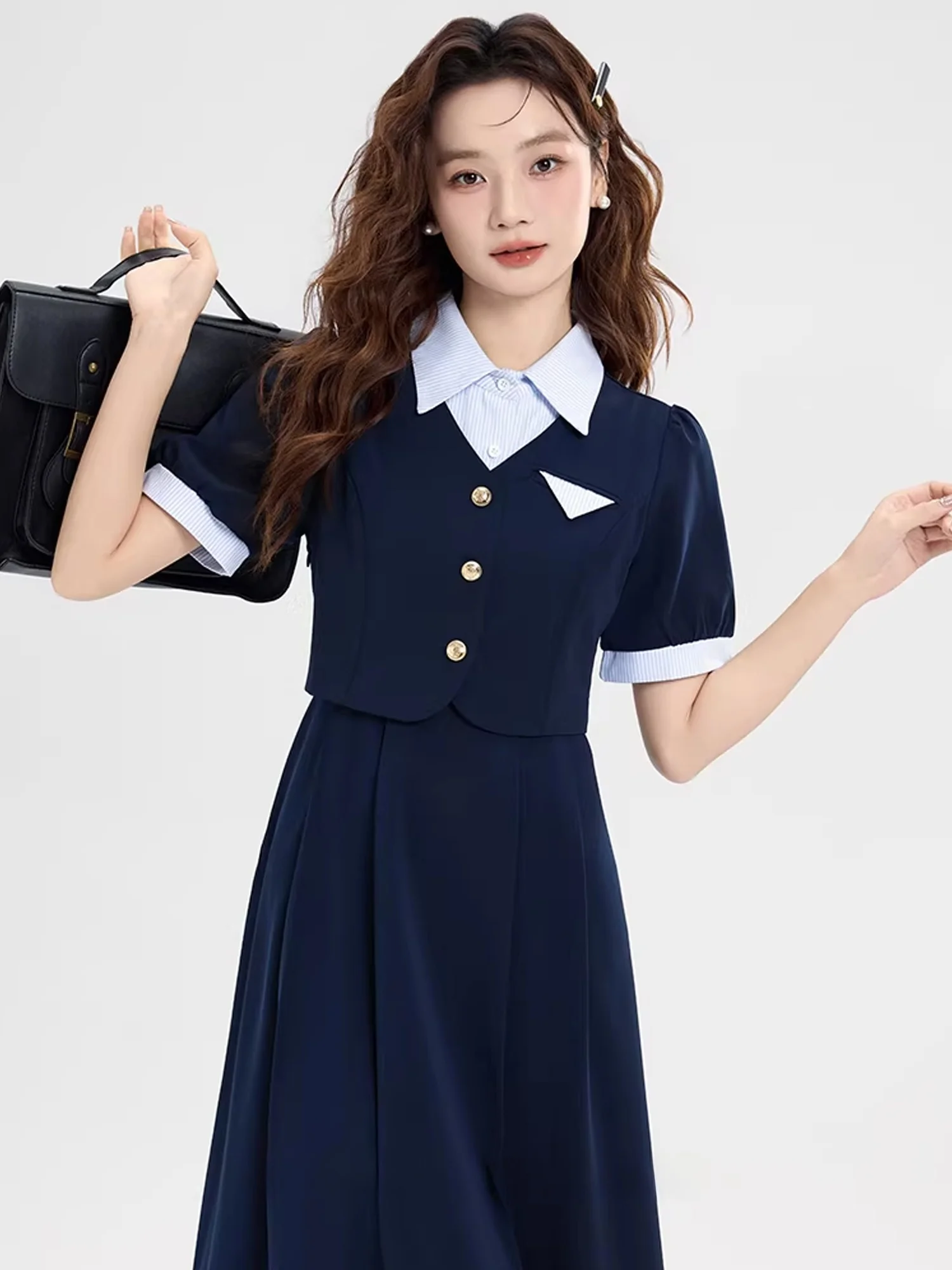 

Летнее женское платье XiaoKe Academy с имитацией двойки, с воротником, коротким рукавом, для официальных мероприятий и собеседований, силуэт А-линия