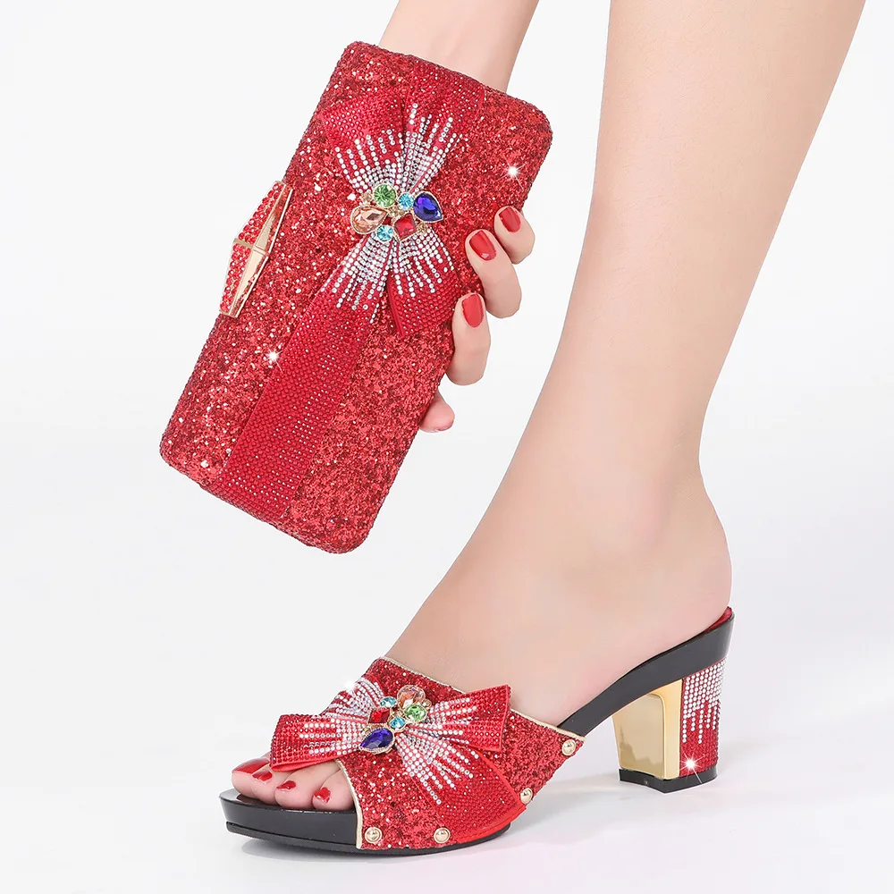 

African Nigerian Ladies Hot Diamond Shoe Bag Set With Flower Decoration Simple Sacs Marques Luxes Pochette Elegante Da Cerimonia