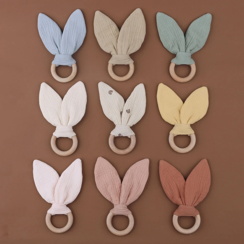 New Natural Beech Wood Baby Teether Safety Cotton Bunny Ears Rodent Sensory Rattle Toy Newborn Teething Ring Chewing Teether