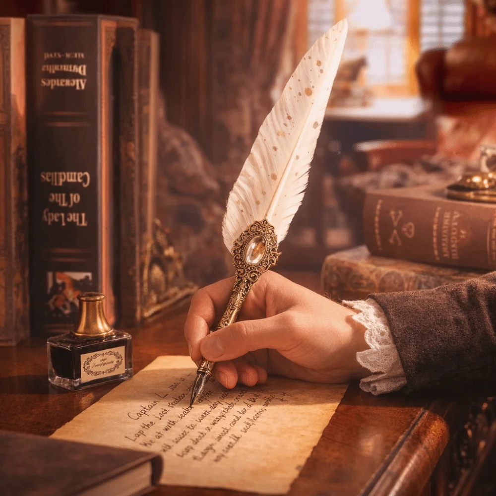 Replaceable Nib Feather Dip Pen Classic Feather Shape 15ml Refill Ink Calligraphy Pen Ink-Containing Signature Pen