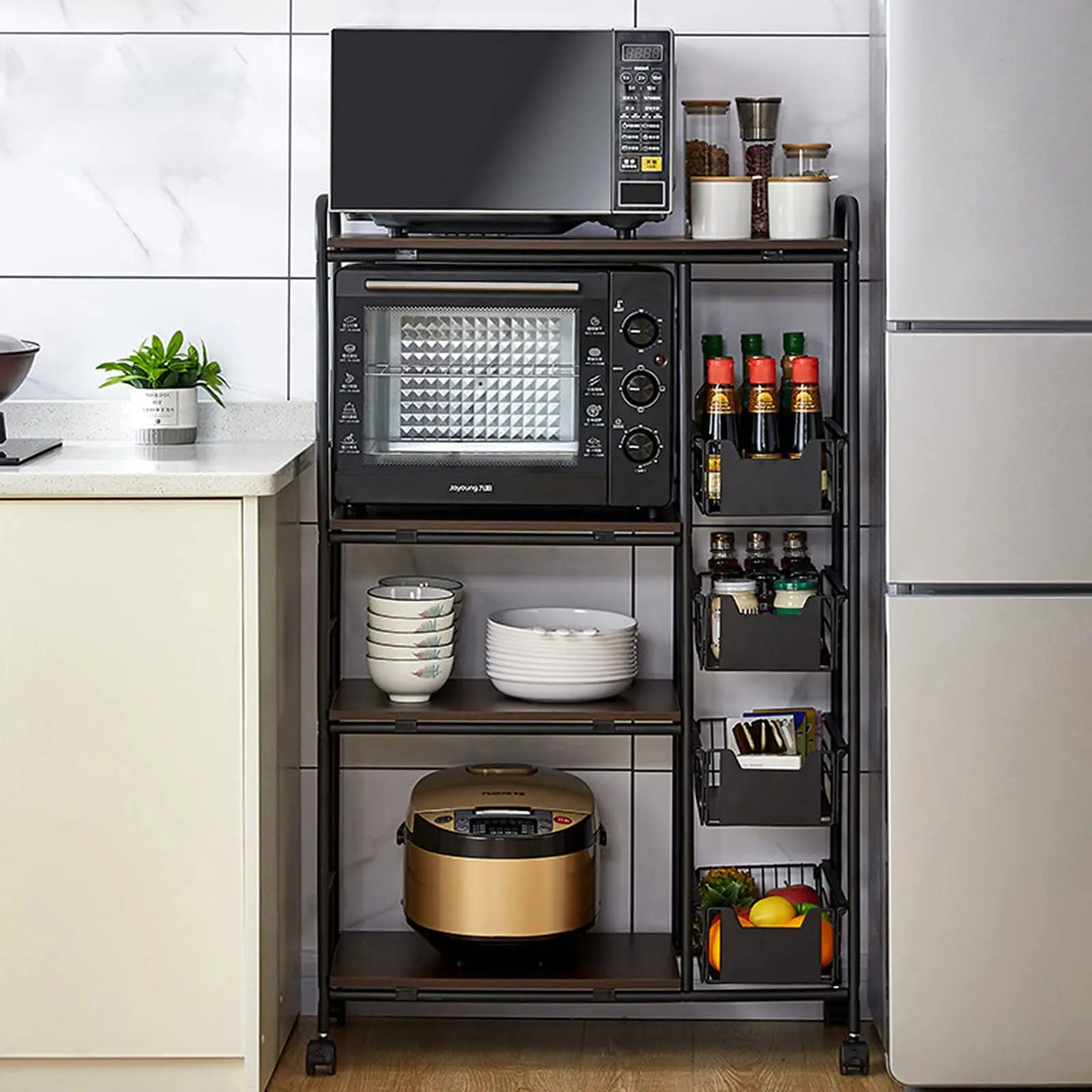 3-Tier Kitchen Storage Cart, Microwave Oven Stand Rack with 4 Pull-Out Baskets, 360° Rotating Kitchen Organizer
