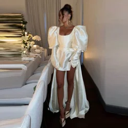 2025 High Low Simple Satin Wedding Dresses Custom Made Wedding Reception Dress With Puffy Long Sleeves Beach Bridal Dress