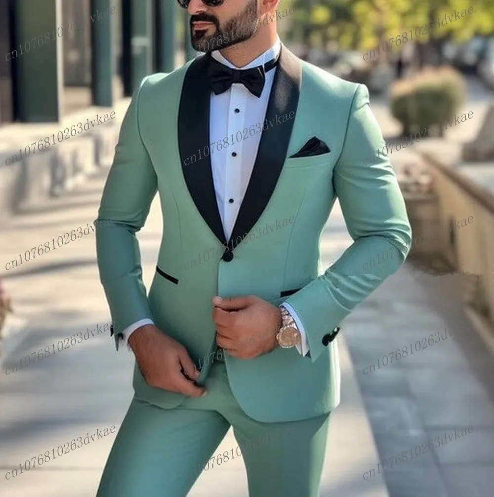 

Black Lapel Mint Green Business Men Suit Wedding Party Prom Groom Groomsman Formal Occasions Tuxedos 2 Piece Set Blazer Pants
