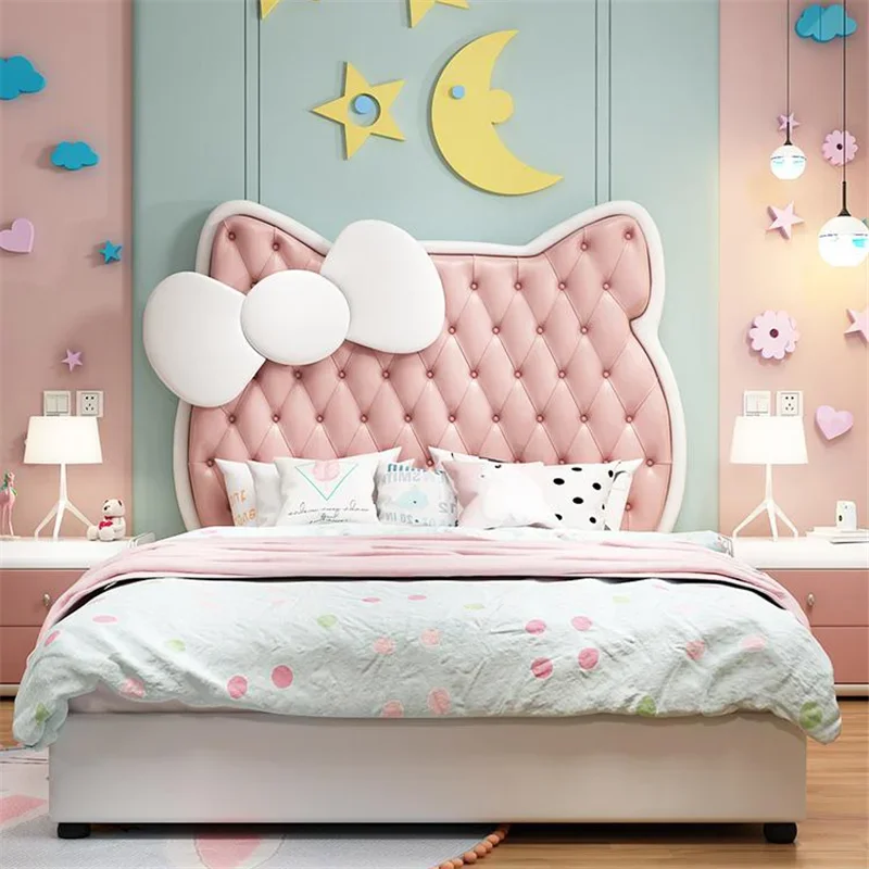 Pink Cat Bedroom Furniture Wood Frame Microfiber Leather Bed Set King/Queen Size Queen Size Girls Beds