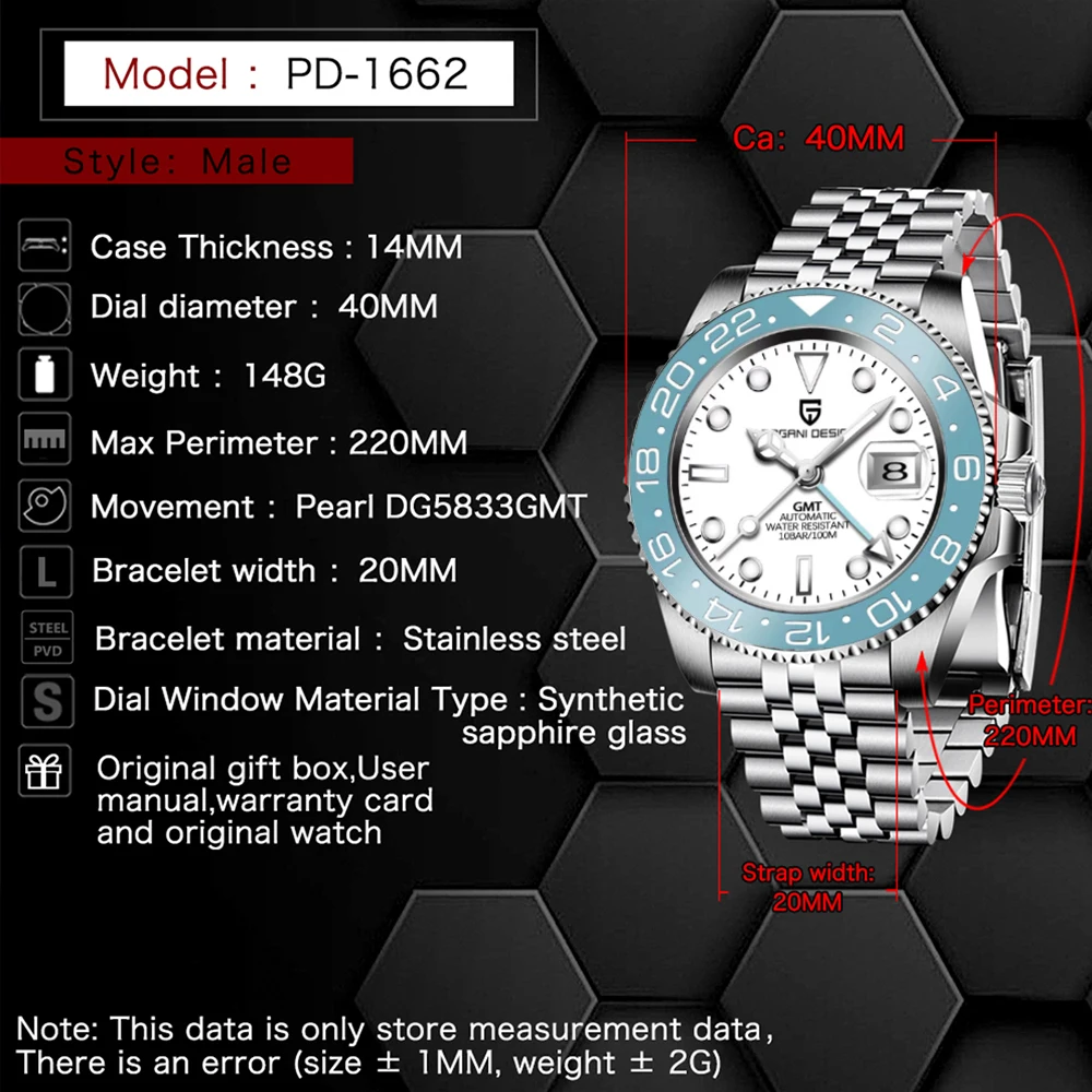 Nuevo Reloj mecánico PAGANI DESIGN PD-1662A para hombre, reloj GMT con bisel de cerámica azul cielo, reloj automático de cristal de zafiro de la mejor marca