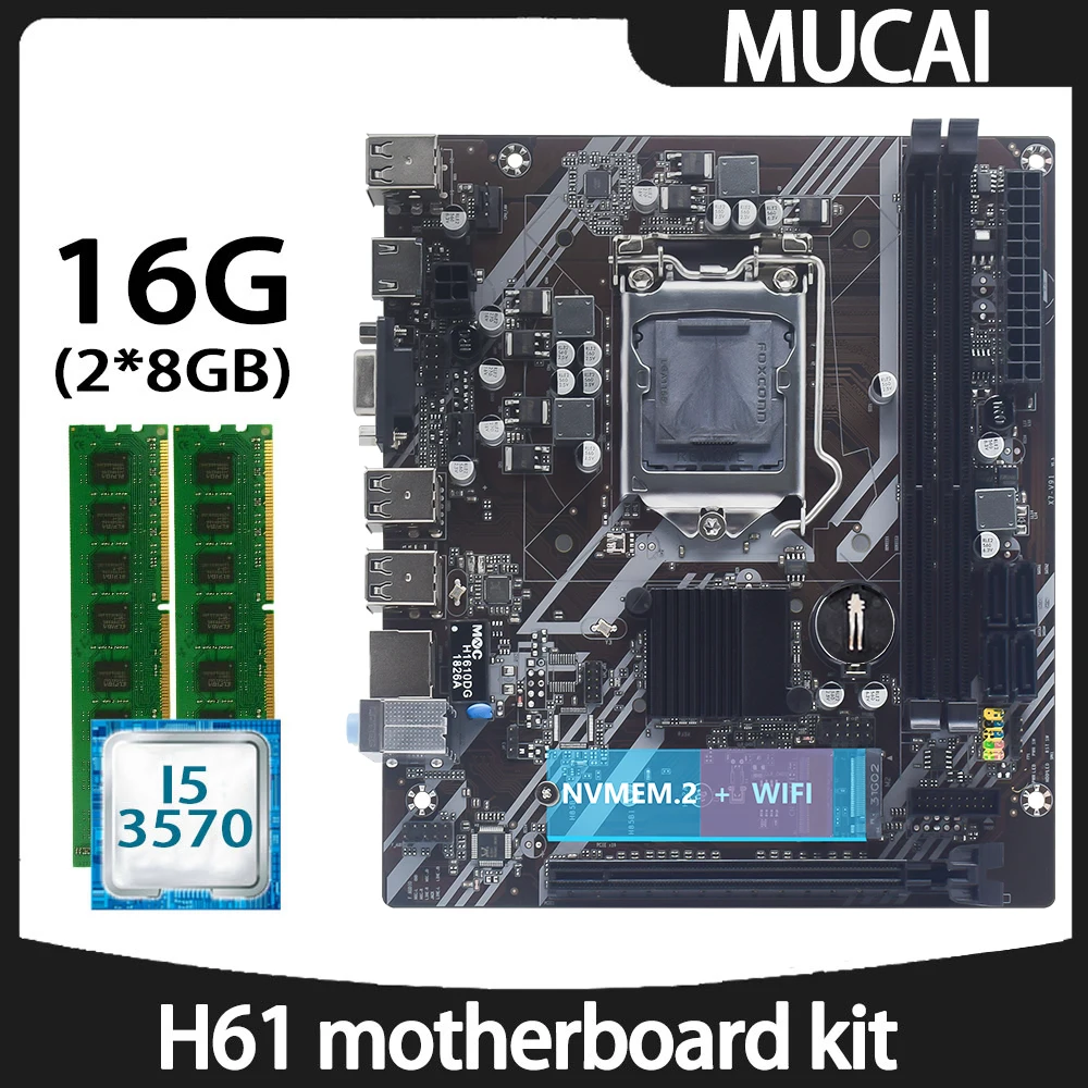 

MUCAI H61 Motherboard DDR3 16GB(2*8GB) 1600MHZ RAM Memory With Intel Core i5 3570 CPU Processor And LGA 1155 Kit Set PC Computer