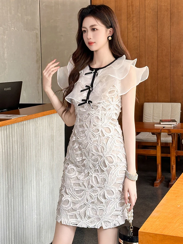 Vestido corto de malla transparente para mujer, minivestido blanco con volantes, lazo, ceñido al cuerpo, bonito, kawaii, Sexy, para fiesta de graduación, Verano