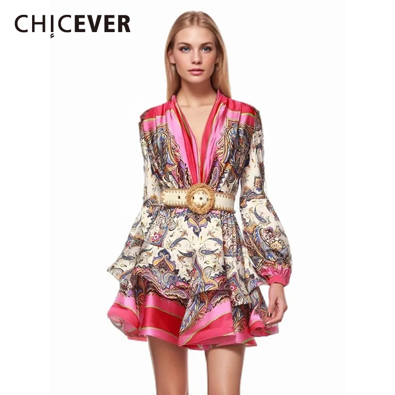 

CHICEVER Colorblock Vintage Dresses For Women V Neck Long Sleeve Patchwork Belt Print Folds A Line Mini Dress Female Spring New