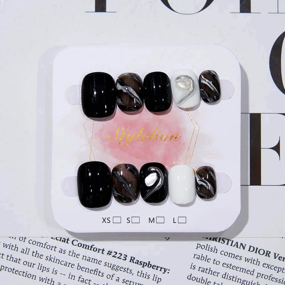 

10pcs Handmade Press on Nails Dark French Colorful Silver-Plated Full Cover Nail Tips for Women&Girl Removable Wearable Nail Art