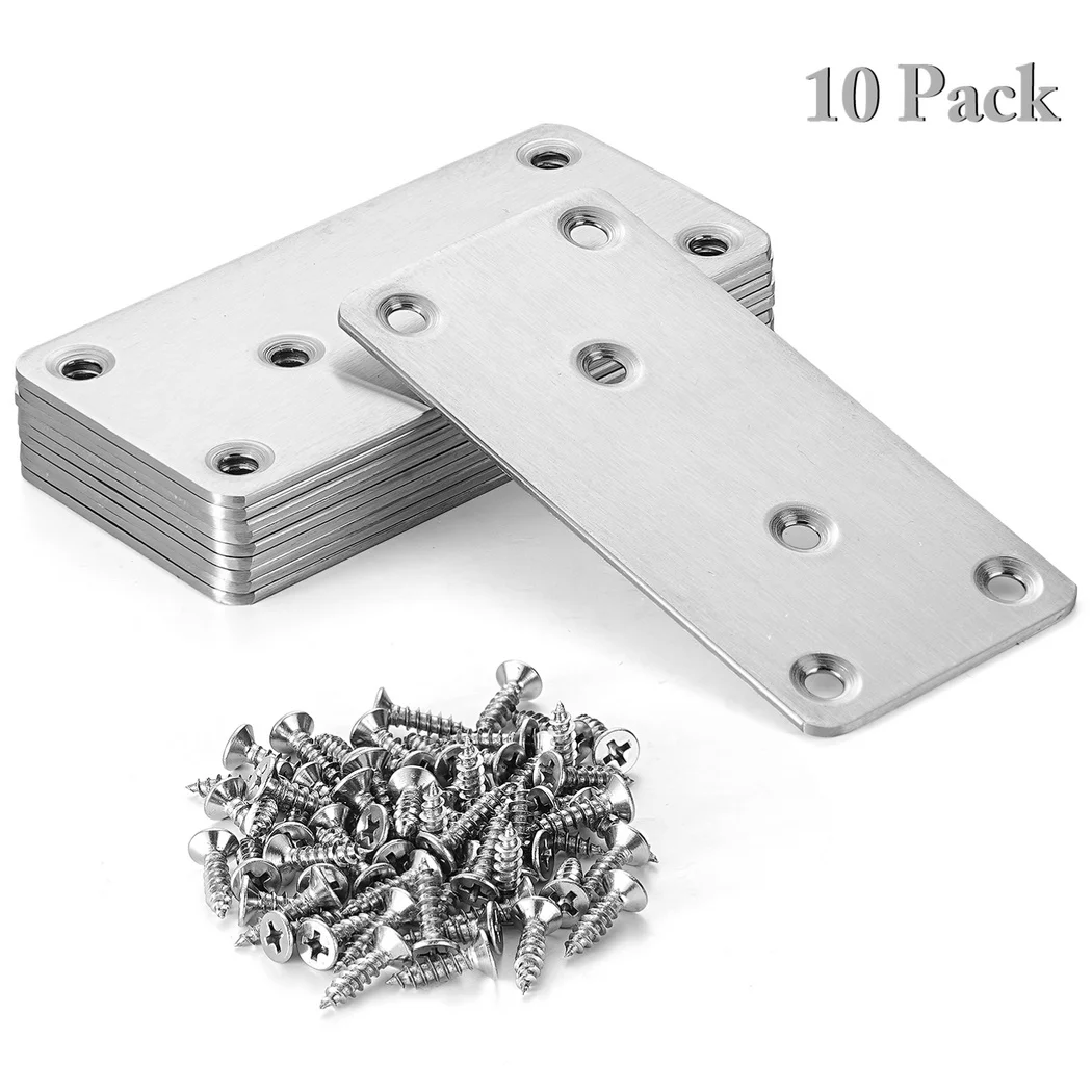 10 Pack Flat Mending Plates Stainless Steel Straight Braces with Screws Heavy Duty Repair Joining Plates Mending Fixing Brackets